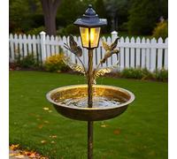 Energy saving solar bird feeder and bath with responsive light that activates at night for garden safety and beauty (Ancient)