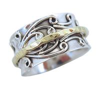 Energy Stone 925 Sterling Silver Fidget Ring | Spinner Ring for Women | Radha | Indian Goddess | Ornate Scrollwork Design | Authentic East Asia Handcrafted Artistry | Brass Spinner | Size L 1/2