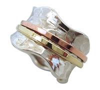 Energy Stone 925 Sterling Silver Fidget Ring | Women Spinner Ring | Breeze | Clean Simple Silver Ring | Fidget Anxiety Comfort Meditation Ring | Brass & Copper Spinners on Hammered Base | Size O 1/2