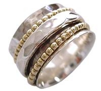 Energy Stone Clarity Sterling Silver Meditation Spinner Ring with Brass and Silver Spinners on Hammered Pattern Base Ring (SKU UK01) (T 1/2)