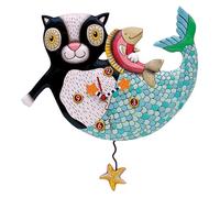 Enesco Allen Designs Mermaid Cat Mercat Holding a Fish Sculpted Pendulum Wall Clock, 12.5 Inch, Multicolor
