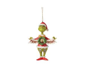 Enesco Dr. Seuss Grinch by Jim Shore Santa Grinch Holding Merry Christmas Banner Hanging Ornament, Hand Crafted, Hand Painted Collectible Christmas Tree Ornaments Decor Gift, 5.25 Inch, Multicolor