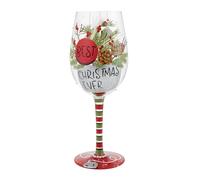 Enesco Lolita Best Christmas Ever Holly and Pinecones Hand-Painted Artisan Wine Glass, 15 Ounce, Multicolor