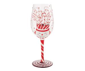Enesco Lolita Christmas Candy Cane Snowman Jar Hand-Painted Artisan Wine Glass, 15 Ounce, Multicolor