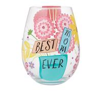 Enesco Lolita Designs Best Mom Ever Floral Hand-Painted Artisan Stemless Wine Glass, 20 Ounce, Multicolor
