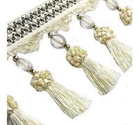 ENESEA Exquisite tassel decoration, 3yards Pom Pom Curtain Fringe Trim Beads Ball Tassel Trimming Sewing Ribbon Upholstery Fabric (Beige)
