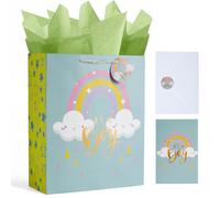 Enfoldia 32cm Large Green Baby Boys Gift Bag with Handle Greeting Card Tissue Papers and Stickers Its a Boy Gift Bag for Baby Boy Shower New Baby Newborn Parents Gender Reveal Party Favors