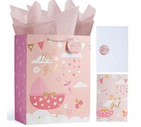 Enfoldia 32cm Large Pink Baby Girl Gift Bag with Handle Greeting Card Tissue Papers and Stickers Its a Girl Gift Bag for Baby Shower New Baby Newborn Parents Gender Reveal Party Favors
