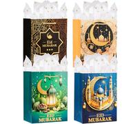 Enfoldia Eid Mubarak Gift Bags with Handles, 9 Inch Medium, 4 Pack, Stars and Skyline Design, Red Blue Green Purple, Paper Party Favor Bags (EID MUBARAK)