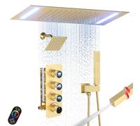 Enga Dual Shower Head System, Ceiling Mount 14 x 20 Inch LED Rain Shower Head with 6 Inch Wall Head, Shower Faucet Set with 2 in 1 Handheld All Functions Work at Once, Brushed Gold