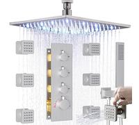 Enga Luxury 16 inch LED Rain Shower Head System with Handheld + Thermostatic 3 Way Valve + 6 Body Spray (with Shut-off), Brass Shower Faucets Set Complete, Can Run at A Time