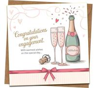 Engagement Congratulations Card - Champagne & Hearts Design - 145mm x 145mm Square Greeting Card with Kraft Envelope - Warm Wishes Message - Romantic Celebration Card for Couples