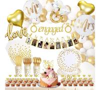 Engagement Decorations 120 Pcs - Gold White Tableware for 10 Guests, Balloon Arch, Mr and Mrs Foil Balloon, Diamond Ring Balloons for Engaged Party