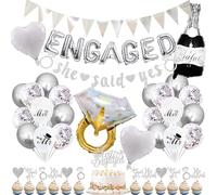 Engagement Decorations Balloons Banner Set - Silver ENGAGED She Said Yes | Triangle Bunting Garland Diamond Ring Foil Balloon Cake Toppers Printed Balloons for Wedding Engagement Party Bridal Shower