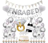 Engagement Decorations, Silver ENGAGED Balloons Banner She Said Yes Banner Triangle Bunting Garland Diamond Ring Foil Balloon Cake Toppers Printed Balloons for Wedding Engagement Party Bridal Shower