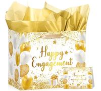 Engagement Gift Bag with Tissue Paper and Card Engagement Wrapping Paper White Gold Happy Engaged Gifts Bag White and Gold Engaged Party Decorations Supplies for Couple Bride to Be