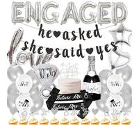 Engagement Party Decorations Balloons Banner - 33 Pcs Silver Engaged Letter She Said Yes Banners Ring Mr Mrs Printed Balloon Sash Cake Cupcake Toppers for Wedding Bridal Shower Supplies
