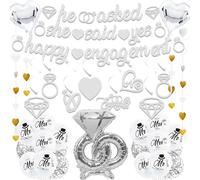 Engagement Party Decorations Balloons Banner - 34 Pcs Sliver Happy Engagement Decor with He Asked She Said Yes Banner, Heart Hanging Swirls and Diamond Ring Balloon for Wedding Anniversary Supplies