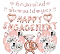 Engagement Party Decorations Banner Balloons - Rose Gold Engaged Decoration Set with Heart Foil Balloon, He Asked She Said Yes Banners Diamond Ring for Wedding Party Supplies