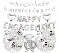 Engagement Party Decorations Banner Balloons - Silver Engaged Decoration Set with Heart Foil Balloon, He Asked She Said Yes Banners Diamond Ring for Wedding Party Supplies