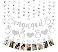 Engagement Party Decorations Banner Set - Silver Glitter Engaged Banners Heart Bunting Garland Personalised Engagement Photo Banner for Weddings Anniversary Valentines Day Party Supplies