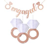 Engagement Party Decorations, Bridal Shower Supplies, Honeycomb Ring Hanging Decorations, Rose Gold Glitter Diamond Rings (3pcs), Engaged Banner Glittery Letters for Engagement