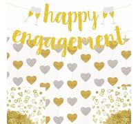Engagement Party Decorations Glitter Happy Engagement Banner 39Ft Gold Silver Heart Streamers Garland Gold Paper Diamond Ring Wedding Table Confetti for Wedding Bridal Shower Party (Gold)