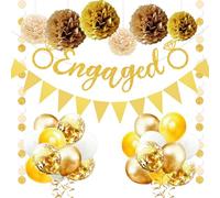 Engagement Party Decorations - Gold White Engagement Decorations with Balloons, Banner, Paper Pom Poms, Gold Bunting for Engaged Decorations (Gold White)