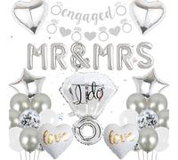 Engagement Party Decorations Silver Kit - Balloons, Diamond Ring Banner, Mr & Mrs, Heart, Star Foil for Wedding, Bachelorette, Bridal Shower Decor