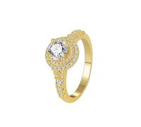 Engagement Ring Vintage Style, Unique Engagement Ring 9K Yellow Gold Halo with Round Moissanite Size H 1/2