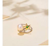 Engagement Rings for Women, 18K White Gold & Yellow Gold Engagement Ring for Ladies with 8mm Round Shape Pearl and Tsavorite 0.04ct, Size M 1/2
