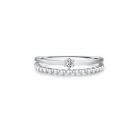 Engagement Rings for Women, Unique White Gold Rings Double Layer Bead Design with Solitaire 0.1ct Round Lab Diamond Platinum Size N 1/2