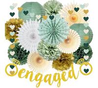 Engagement Wedding Decorations Gold Engaged Banner Olive Sage Green and Gold Paper Pom Poms Lanterns Hanging Paper Fans for Engagement Party Wedding Bridal Shower Just Engaged Decorations