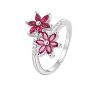 Engagment Ring, Dainty Wedding Band Flower with Rose Red Marquise Shape Lab Created Ruby 14K White Gold Size R 1/2