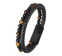 Engarved Handmade Braided Leather Bracelet for Men - Classic Natural Agate Tiger Eye Stone Bangle,Personalised Initial A-Z Bracelets for Him Boyfriend Son Father's Day Birthday (Brown-NO Engraved)