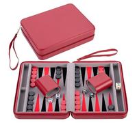 Engelhart- 250500 Travel Backgammon Set Age 6+, Inlay Felt, 9-inch Deluxe Game Set with Red Zipper Closure (gray, black, red)