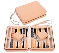Engelhart- 250501 Travel Backgammon Set Age 6+, Inlay Felt, 9-inch Deluxe Game Set with Beige Zipper Closure (beige, orange, black)