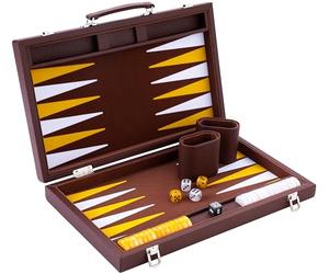 Engelhart - 250520 - Luxury Backgammon Set 15" - faux leather exterior, interior special felt inlay - pearly dice and token - 2 tumblers