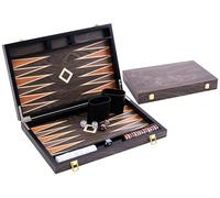 Engelhart - 250544 - Deluxe 15-inch Backgammon Set with Varnished Ebony Wood Veneer - Brown - Metal Closure - Pearly Dice, Chips, and Wooden Cups Included - 2 Players - Game Rules Included - Ages 6+