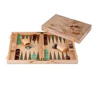 Engelhart-250551 - Backgammon Wooden 18 Inch (45.5 cm) Luxury Burl Wood Case Walnut Inlay - Open 52 × 45.5 cm - Green/Brown Pieces - Dice & Cups - Traditional Board Game