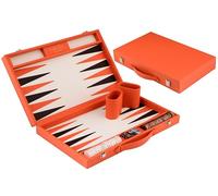 Engelhart-250565 - Backgammon 18 Inch (46.7 cm) Luxury Orange Faux Leather Case - Inlaid Board - Open 56.4 × 46.7 cm - Black/Orange Pieces - Dice & Cups - Classic Board Game