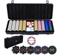 Engelhart - 320961 - Poker Set - Black Metal Case - 500 14g Numbered Chips (1 to 1000) + 2 Card Games, 1 Dealer Button, 5 Dice