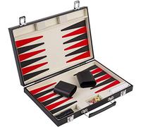 Engelhart Deluxe Wooden Backgammon Game in Leatherette Covered Case, 2 player, 5 dice, 2 cups as well as shuffleboard, (Black/Red 15")