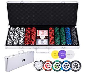Engelhart Poker Set 500 Numbered Chips 14 g Small Bets 1 to 100 - Silver Metal Case with 2 Decks, Dealer Buttons and 5 Dice 320920