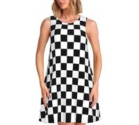 ENGhjes Black and White Checkered Stripes Womens Formal Short Dresses Summer Sleeveless Boat Neck A Line Elegant Mini Cocktail Party Dress