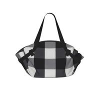 ENGhjes Black and white plaid Printed Round Mat Folds Into Handbag, Snap Closure 94cm Blanket Tote for Picnic Camping Gift