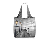 ENGhjes Black White Beach Pier Printed Lightweight Foldable Tote Bag, Reusable Shopping Bag 25L for Daily Commute and Travel