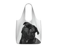 ENGhjes Cute Black Pug Dog Printed Lightweight Foldable Tote Bag, Reusable Shopping Bag 25L for Daily Commute and Travel