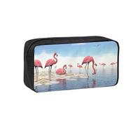 ENGhjes Flock of Pink Flamingos on The Beach Printed Multi-Use Pencil Bag, Oxford Fabric Pouch for Stationery Travel Cables and Cosmetics