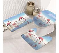 ENGhjes Flock Of Pink Flamingos On The Beach Printing Non Slip Bathroom Rugs Set,Rug For Master Bathroom, Soft Water Absorbent Mats,Three Shape'S Mats